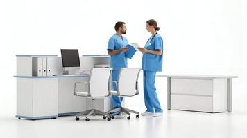 Medical Staff Discussing Patient Records at Reception Desk photo