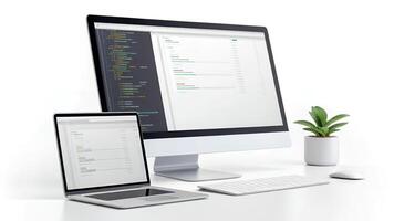 Laptop and Computer Screen Displaying Data and Code photo