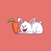Rabbit Character on the floor looking at a carrot character. vector
