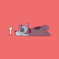 A dog character is lying on the floor, looking at a bone. vector