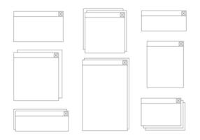 Minimal Interface Window Outline Icon. A set of 8 minimal UI window icons in clean black line art featuring various frame layouts with close buttons. Perfect for wireframes dashboards and web mockups vector