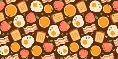 Tasty breakfast seamless pattern with doodle illustrations of fried eggs, bacon, toast, apple, orange slice. vector