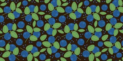 Blueberry and leaves seamless pattern on dark background. vector