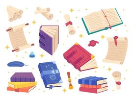 Cartoon Color Different Spell Magic Books and Scrolls Set. vector