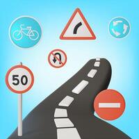 3d Turning Road with Signs Maximum Speed and No Entry Cartoon Design Style. vector