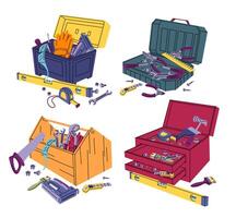 Cartoon Color Different Construction Toolkit Boxes Set. vector