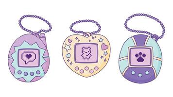 Set of Cute Retro Virtual Pet Toys Hand Drawn Illustrations Isolated on White Background. Nostalgic Artificial Pet Device with Screen Display, Pixel Print, Buttons vector