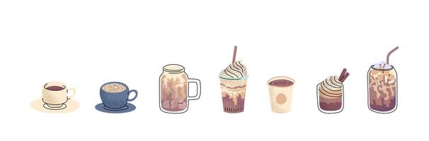 Cartoon Color Different Hot and Cold Coffee Beverage Set with Line Art Elements. vector