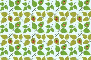 Seamless repeat pattern of green leaves with ladybugs. Fabric printing, packaging design. vector