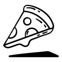 Slice of pizza is shown in the air, with the crust and cheese visible. The image has a playful vector