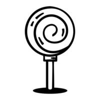 Black and white drawing of a lollipop with a stick. The lollipop is a swirl shape vector