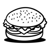 Black and white drawing of a hamburger. The hamburger is sitting on a plate and has lettuce vector