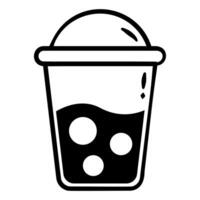 Black and white drawing of a cup with ice cubes in it. The cup is filled with a liquid vector