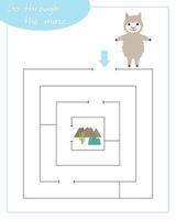 A square labyrinth with alpaca for children. Mini game for children. Development of logic. vector