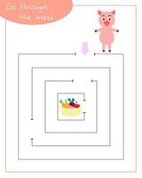 A square labyrinth with pig for children. Mini game for children. Development of logic. vector