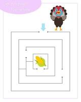 A square labyrinth with turkey for children. Mini game for children. Development of logic. vector