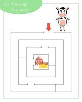 A square labyrinth with cow for children. Mini game for children. Development of logic. vector