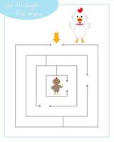A square labyrinth with rooster for children. Mini game for children. Development of logic. vector