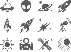 Space exploration icon set featuring astronaut rocket spaceship alien and planetary objects vector