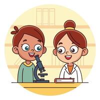Two cartoon children scientists doing science experiment with microscope in lab vector