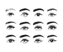 Set of different eye shapes with various brow styles and makeup illustration vector