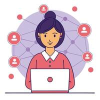 Woman using laptop surrounded by network connection icons illustrating social media vector