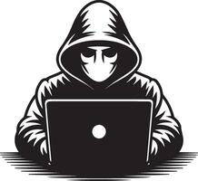 Hacker in hoodie with laptop silhouette cyber security concept design vector