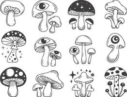 Whimsical mushroom illustrations with mystical elements in black and white outline style vector