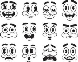 Cartoon face expressions in vintage style with happy sad angry emotions set vector