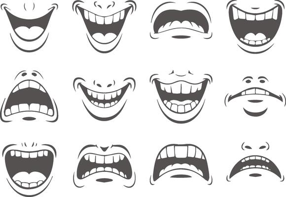 Set of cartoon mouths expressing different emotions gray scale illustration
