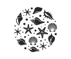Collection of seashells and starfish in circular arrangement on white background vector