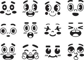 Set of cartoon faces with different emotions in minimalist black and white style vector