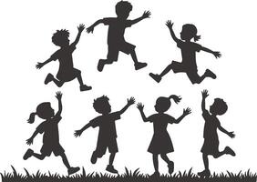 Silhouette of joyful children playing and jumping outdoors in a grass field vector