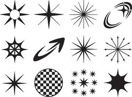 Collection of starburst sparkle and geometric design elements in black and white vector