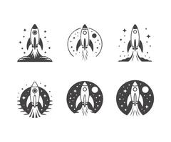Collection of monochrome rocket ship launch icons with stars and celestial bodies vector