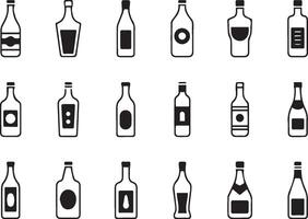 Collection of black and white bottle icons for various drinks in minimalist style vector
