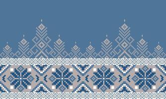 a detailed pattern composed of pixel designs with dark blue flowers and light brown square on blue background , design for fabric or various pattern printing works. vector