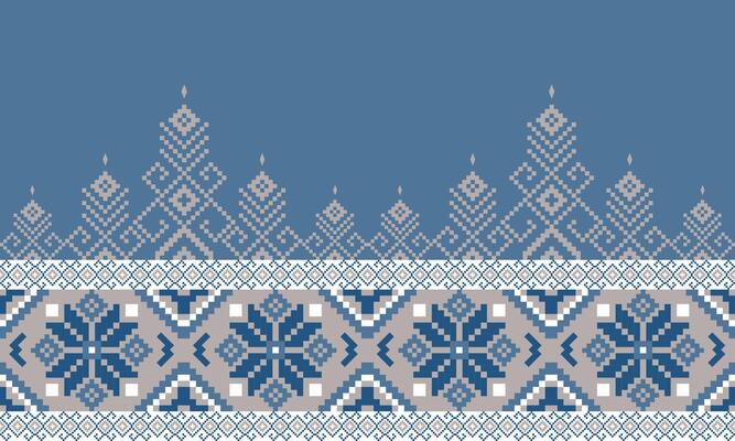 a detailed pattern composed of pixel designs with dark blue flowers and light brown square on blue background , design for fabric or various pattern printing works.