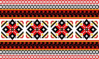 a detailed pattern composed of pixel designs with red and black flowers on white background , design for fabric or various pattern printing works. vector