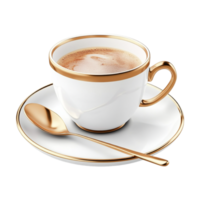 a cup of coffee with gold rim and spoon on a transparent background png