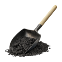 a shovel with a shovel of black soil on a transparent background png
