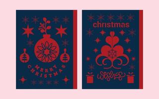 Modern Navy and Red Christmas Cards with Ornaments, Gifts, and Wishes vector