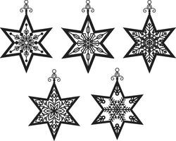 Elegant Black Star Christmas Ornaments with Intricate Snowflake Patterns vector