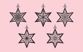 Black Star Ornaments with Floral and Snowflake Patterns on Pink Background vector