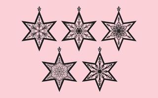 Intricate Black Star Christmas Ornaments with Snowflake Patterns vector