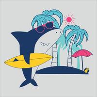 a shark with sunglasses and a surfboard on a beach vector