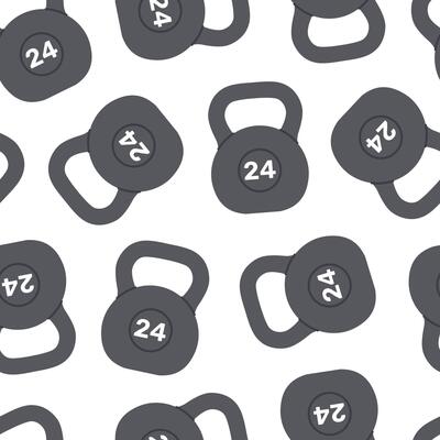 Seamless pattern with grey kettlebells on white background. Weight for fitness and sport. Athletic equipment for strength exercises, muscle training. Gym workout. Flat illustration