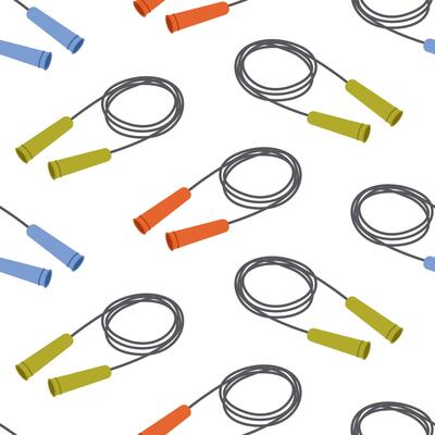 Seamless pattern with colorful jump ropes on white background. Green, blue and orange skipping ropes. Fitness and sport equipment. Tool for exercises, cardio training. Flat illustration