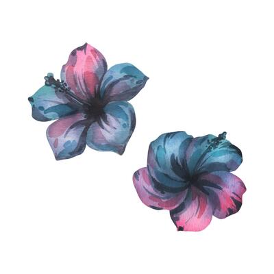 Two striking blue hibiscus silhouettes painted in rich watercolor tones. Isolated tropical flowers ideal for beach branding, textile patterns, and exotic decor projects.