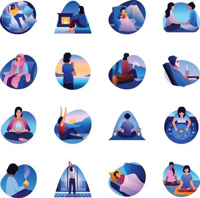 Set of Flat Style Sleep and Meditation Illustrations